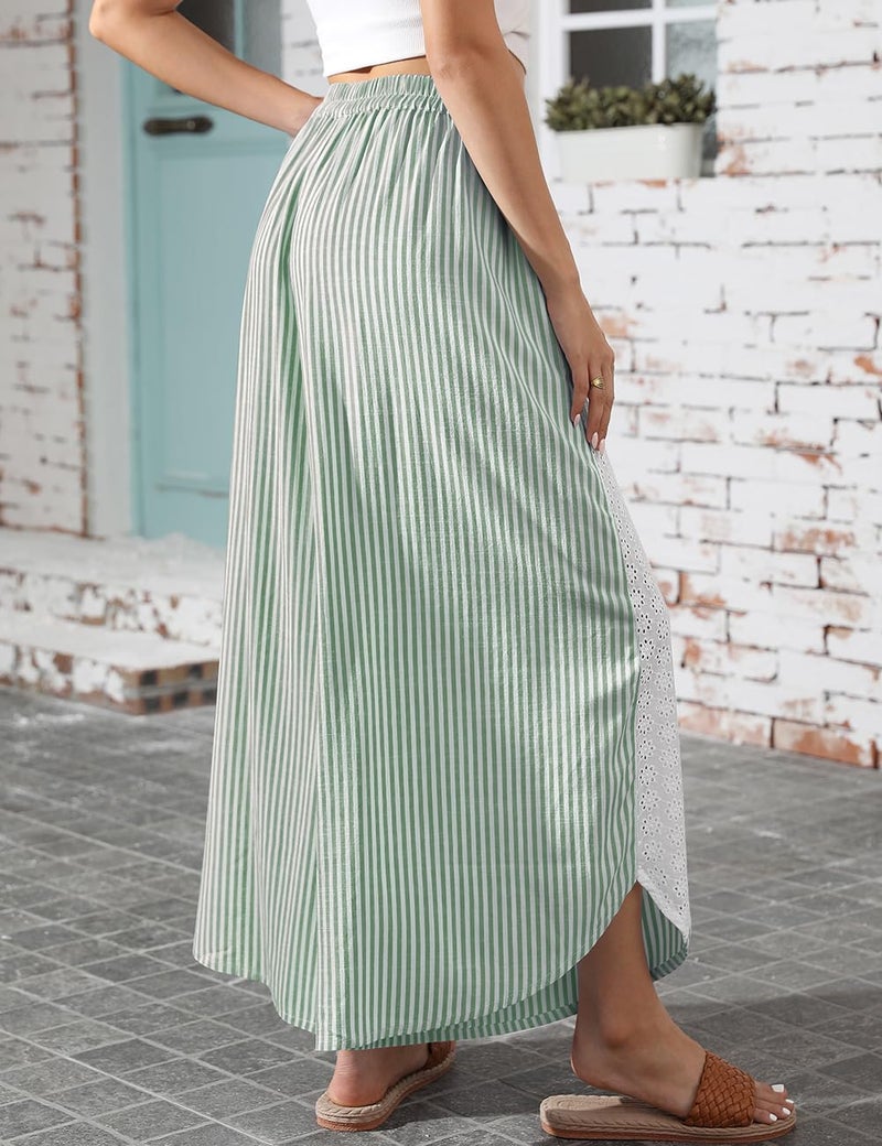 TARSE Womenâ€™s Striped Palazzo Pants Boho Wide Leg Pants with Lace Trim High Waist Flowy Beach Vacation Trousers(Green, L) - Image 5