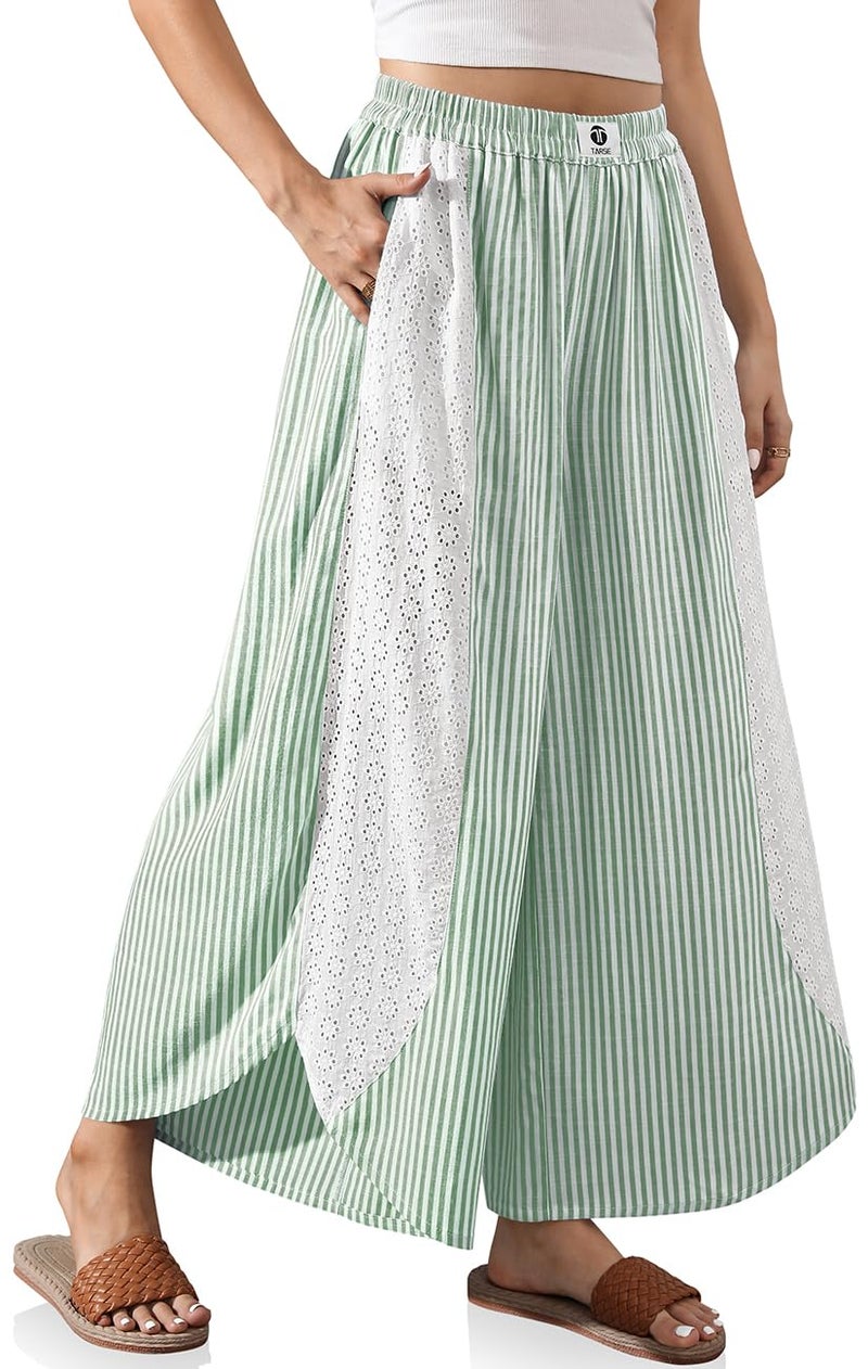 TARSE Womenâ€™s Striped Palazzo Pants Boho Wide Leg Pants with Lace Trim High Waist Flowy Beach Vacation Trousers(Green, L) - Image 1