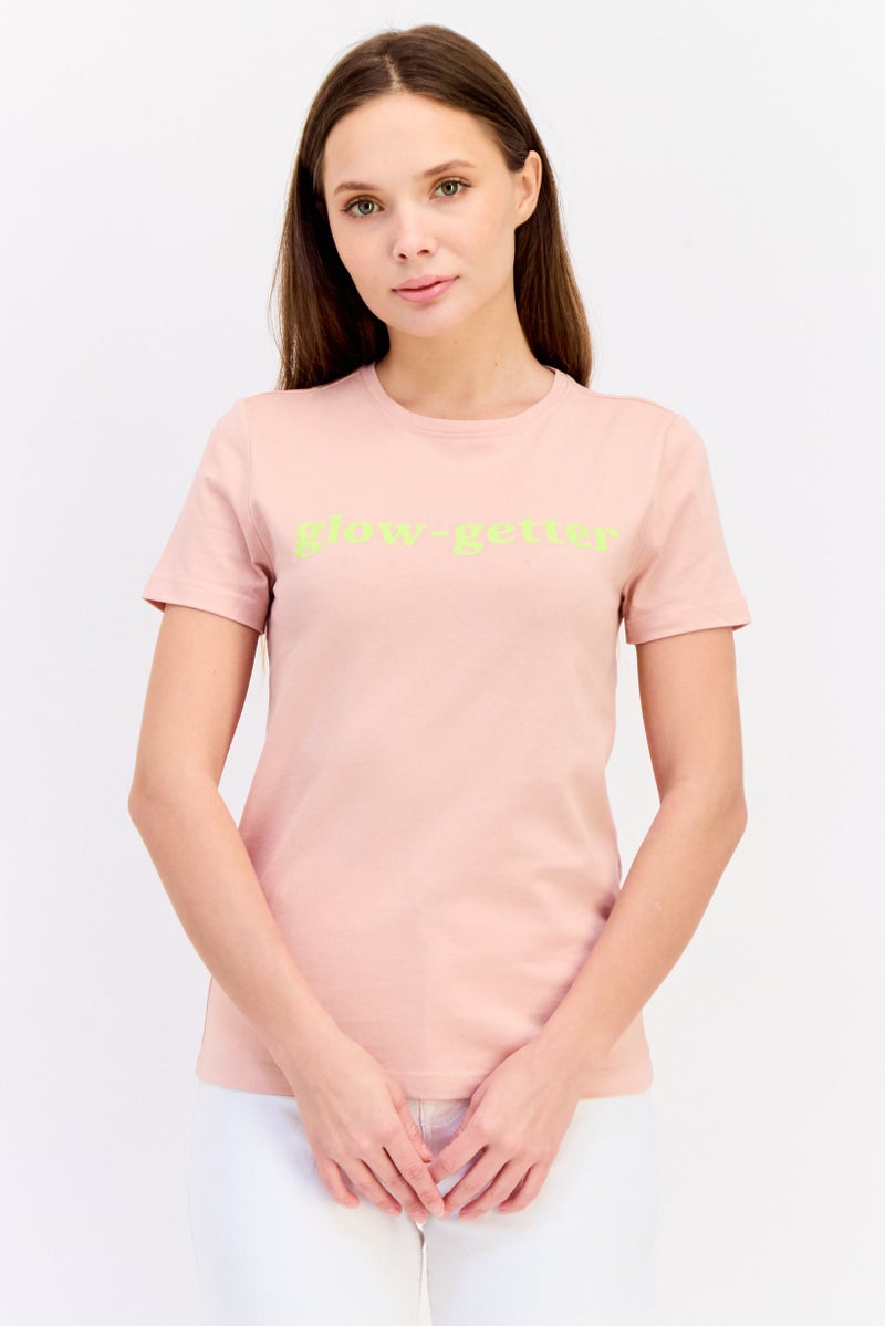 ONLY Women Crew Neck Short Sleeve Graphic Print T-shirt, Peach - Image 1