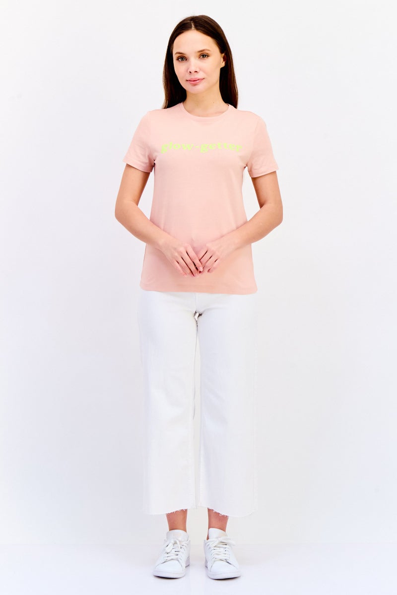 ONLY Women Crew Neck Short Sleeve Graphic Print T-shirt, Peach - Image 2