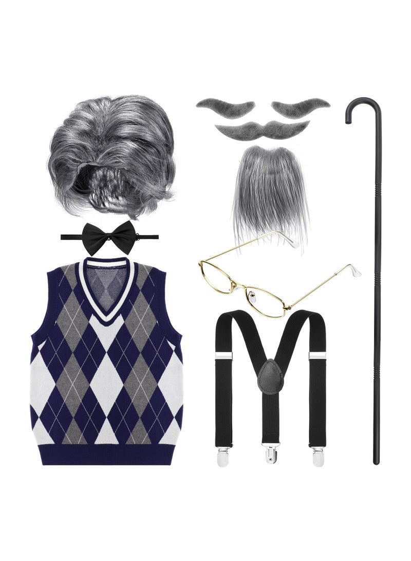 Zikra 9 Pcs 100th Day of School Costume for Boys Kids Pretend Old Man Costume Kit, Mad Scientist Wig Vest Glasses Grandpa - Image 1