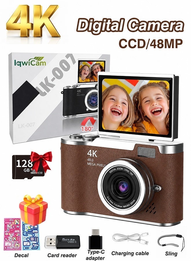 إيكويكام كاميرا رقمية فائقة الوضوح بدقة 4K بتقنية CCD، مزودة بخاصية التكبير، مناسبة للطلاب، مع بطاقة ذاكرة SD سعة 128 جيجابايت، وكاميرا تصوير رقمية محمولة بدقة 48 ميجابكسل، وشاشة قابلة للطي بزاوية 180 درجة، وكاميرا سيلفي مزودة بملصقات كرتونية. - Image 1