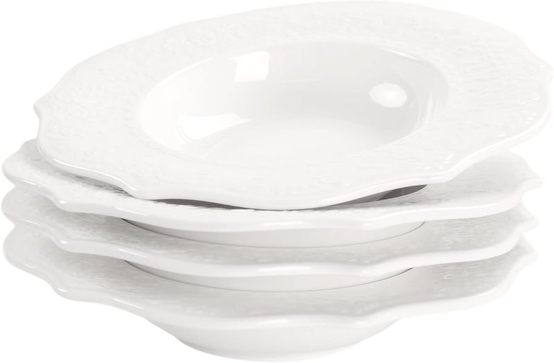 jinsongdafa Soup Bowls Pasta Bowls Plates White Salad Bowls Set of 4 Embossed Porcelain Wide Rim Bowls 85 Oz Microwave  Dishwasher Safe Best for foodies and restaurants 875 Inch Laciness - Image 1