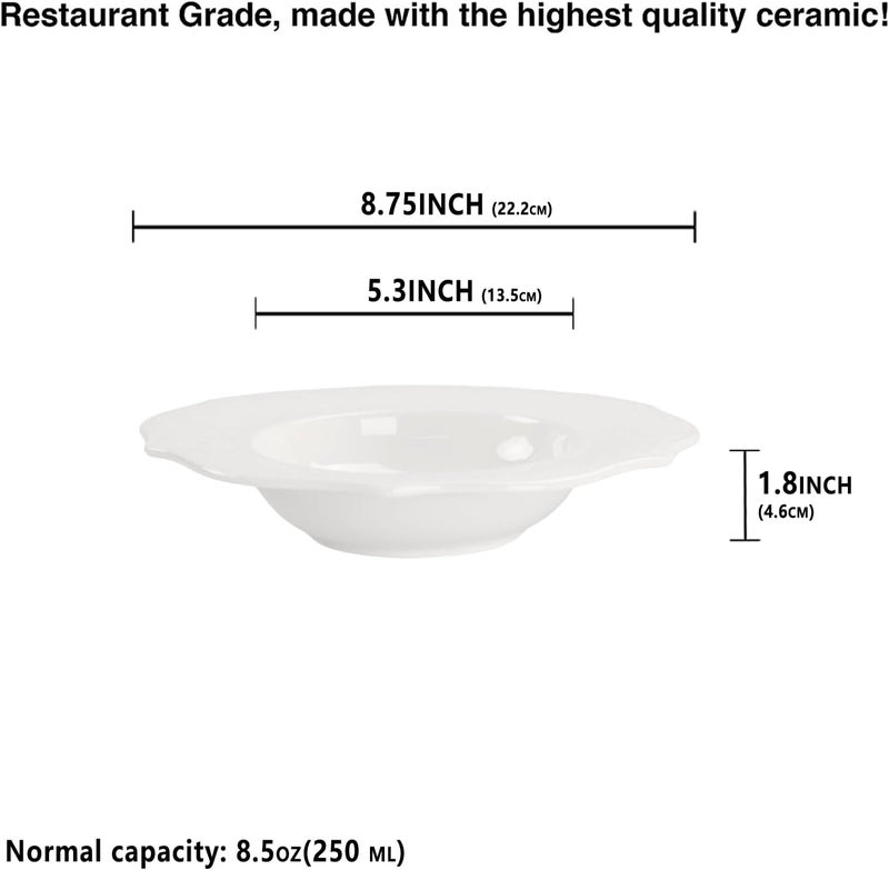 jinsongdafa Soup Bowls Pasta Bowls Plates White Salad Bowls Set of 4 Embossed Porcelain Wide Rim Bowls 85 Oz Microwave  Dishwasher Safe Best for foodies and restaurants 875 Inch Laciness - Image 2