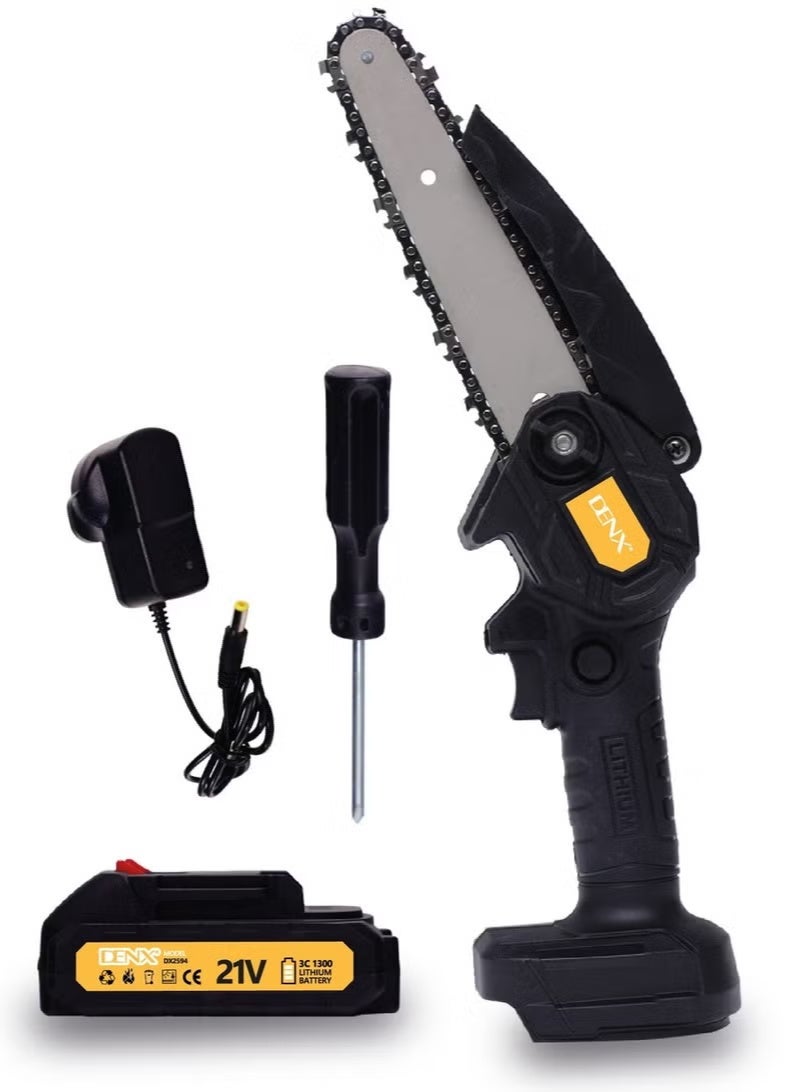 Denx Cordless Portable Chainsaw with Rechargeable Lithium Battery, One-Hand Operation, Electric Wood Cutter, 500W Motor, 2400 RPM, Lightweight Compact Outdoor Tool - Image 1
