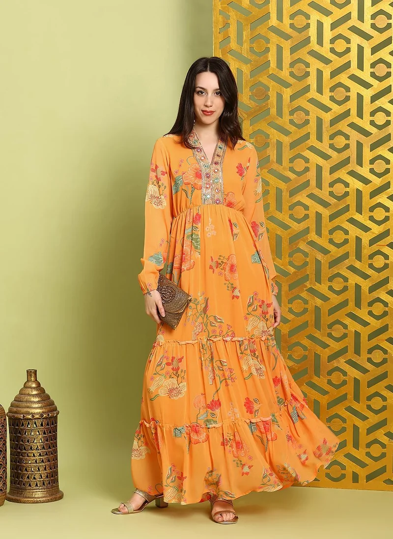 Globus Globus Women's Vibrant Orange Ethnic Dress with V Neck and Mirror Work