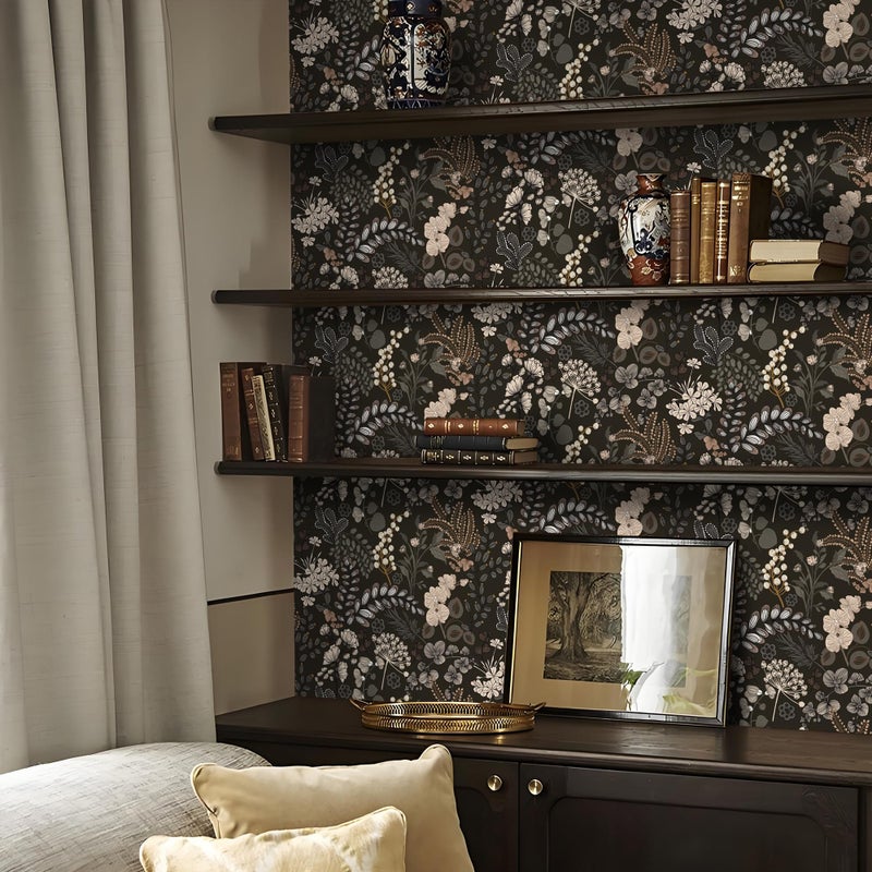 Guvana Peel and Stick Wallpaper Black Floral Wall Paper Vintage Contact Paper Removable Self Adhesive Wallpaper for Bathroom Bedroom Cabinet and Drawer Waterproof (Black Brown) 17.3"Ã—78.7" - Image 2