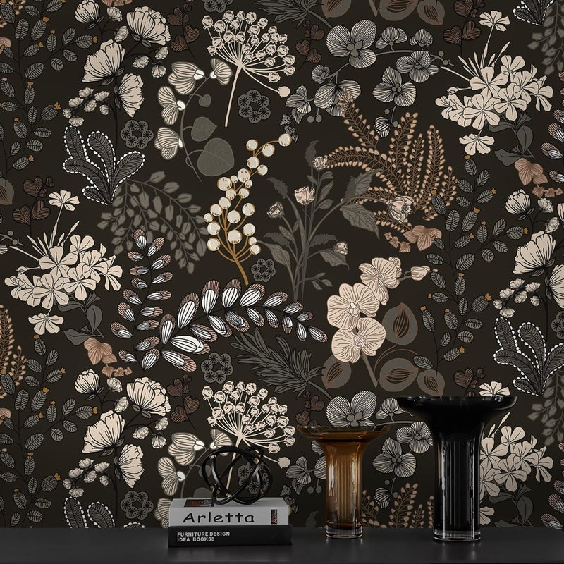 Guvana Peel and Stick Wallpaper Black Floral Wall Paper Vintage Contact Paper Removable Self Adhesive Wallpaper for Bathroom Bedroom Cabinet and Drawer Waterproof (Black Brown) 17.3"Ã—78.7" - Image 1