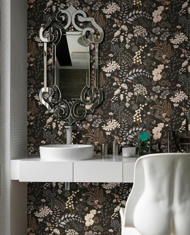 Guvana Peel and Stick Wallpaper Black Floral Wall Paper Vintage Contact Paper Removable Self Adhesive Wallpaper for Bathroom Bedroom Cabinet and Drawer Waterproof (Black Brown) 17.3"Ã—78.7" - Image 4