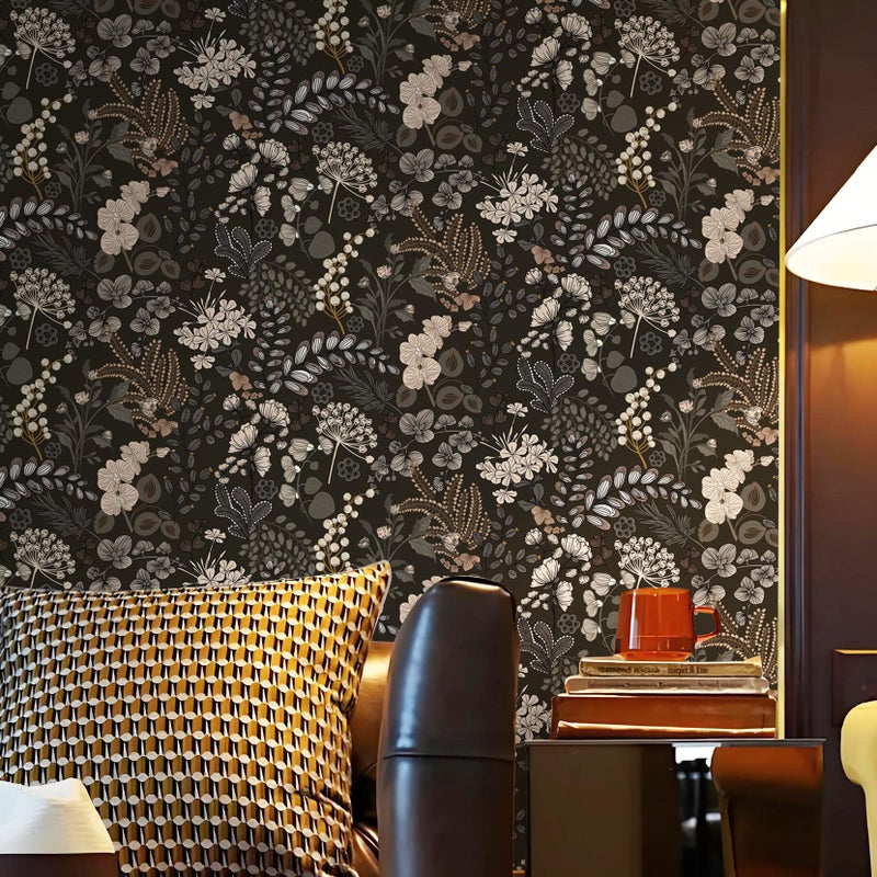 Guvana Peel and Stick Wallpaper Black Floral Wall Paper Vintage Contact Paper Removable Self Adhesive Wallpaper for Bathroom Bedroom Cabinet and Drawer Waterproof (Black Brown) 17.3"Ã—78.7" - Image 3