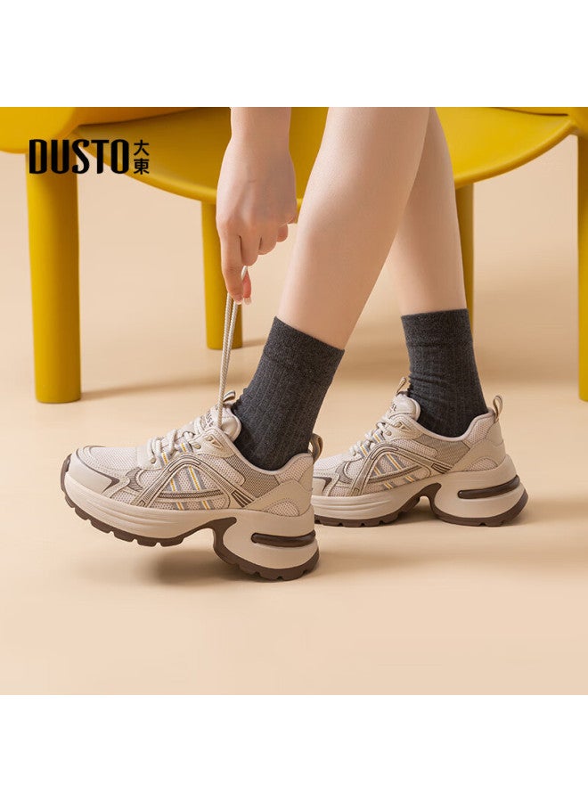 DUSTO Dadong Women's Dad Shoes, Spring And Autumn New Style, Flat High Heel, Lace-up, Round Toe, Color Patchwork, Q0322 - Image 1