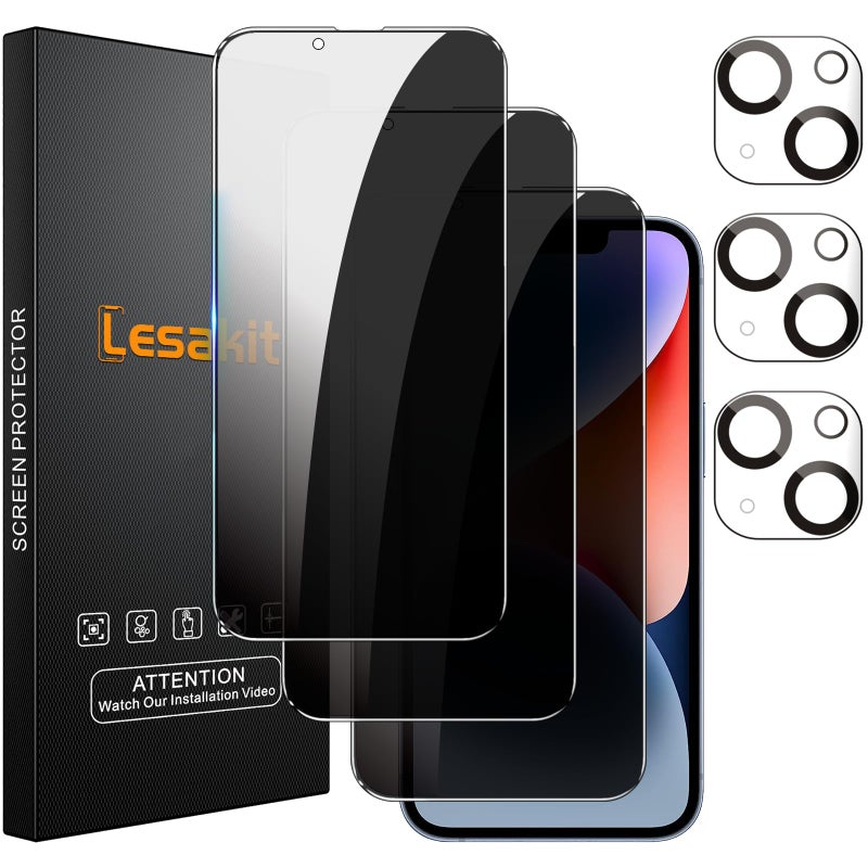 Lesakit 3+3 Pack Privacy Screen Protector for iPhone 14 6.1-Inch with 3 Pack Camera Lens Protector, Anti Spy Tempered Glass Film 9H Hardness Bubble Free Case Friendly - Image 1