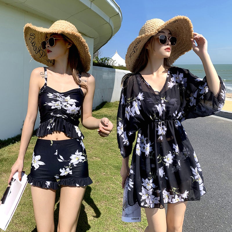 2024 new two-piece swimsuit womens three-piece set conservative slimming plus size fat mm200 kg sun protection Hot Spring Suit Black