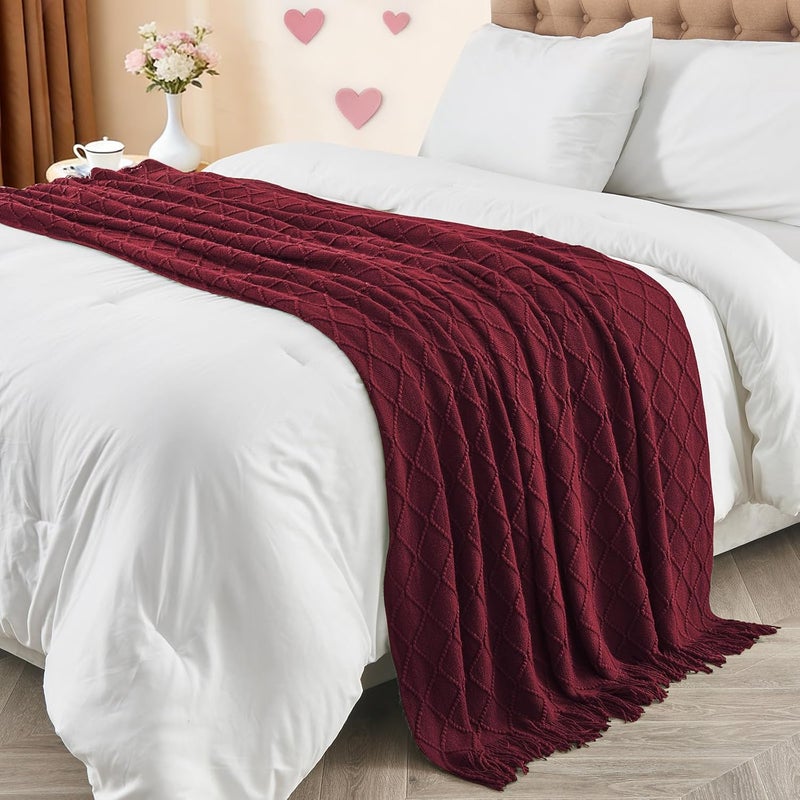 inhand Knitted Throw Blankets for Couch and Bed, Soft Cozy Knit Blanket with Tassel, Claret Lightweight Decorative Blankets and Throws, Farmhouse Warm Woven Blanket for Men and Women, 60"x80" - Image 5