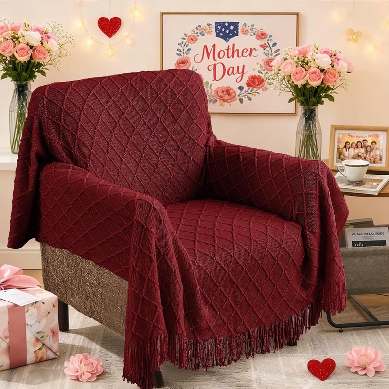 inhand Knitted Throw Blankets for Couch and Bed, Soft Cozy Knit Blanket with Tassel, Claret Lightweight Decorative Blankets and Throws, Farmhouse Warm Woven Blanket for Men and Women, 60"x80" - Image 4