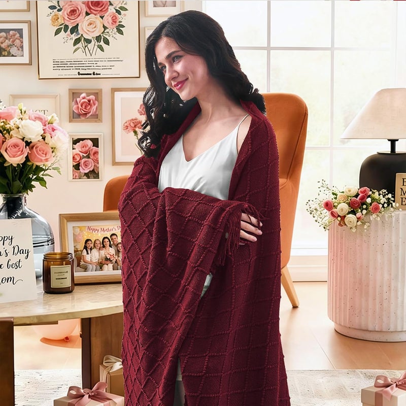 inhand Knitted Throw Blankets for Couch and Bed, Soft Cozy Knit Blanket with Tassel, Claret Lightweight Decorative Blankets and Throws, Farmhouse Warm Woven Blanket for Men and Women, 60"x80" - Image 3