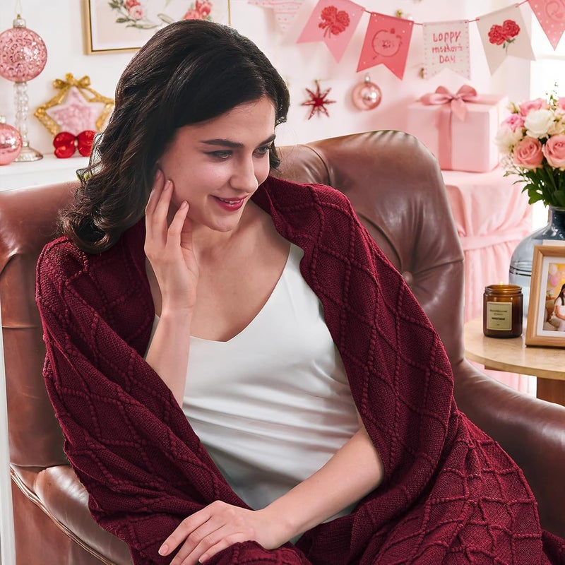 inhand Knitted Throw Blankets for Couch and Bed, Soft Cozy Knit Blanket with Tassel, Claret Lightweight Decorative Blankets and Throws, Farmhouse Warm Woven Blanket for Men and Women, 60"x80" - Image 2