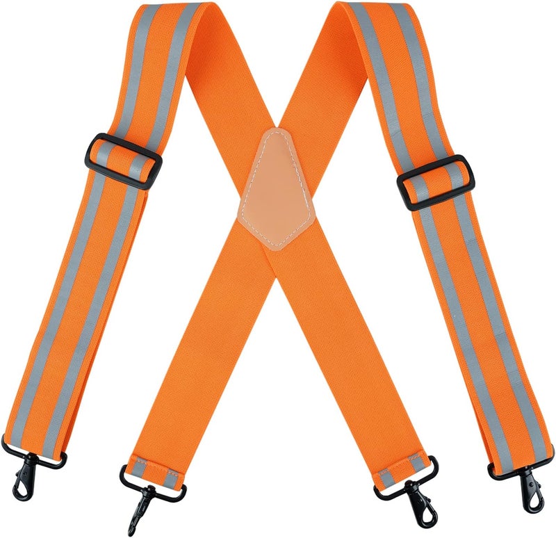 KUNN Men Reflective Suspenders High Visibility Work Suspender Fully Elastic 2-inch Wide Tool Belt Suspenders with Swivel Eye Snap Hook,Orange - Image 2