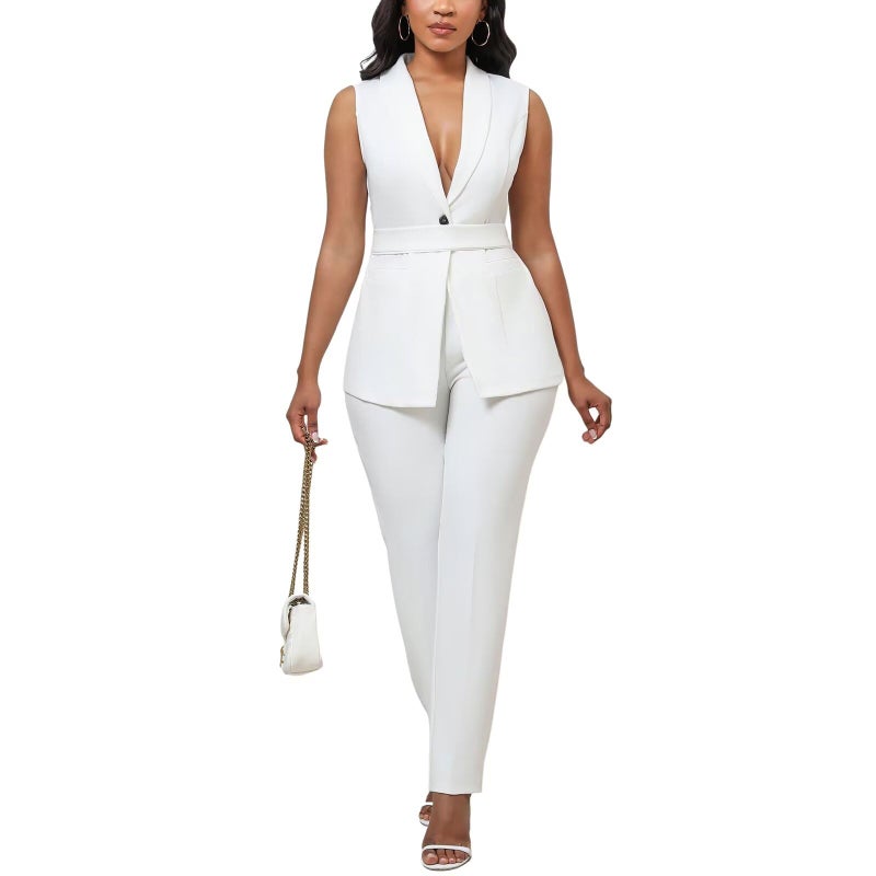 Kafiloe Pant Suits for Women Dressy Belted Sleeveless Vest Blazer Sets 2 Piece Business Casual Outfit White XXL - Image 1