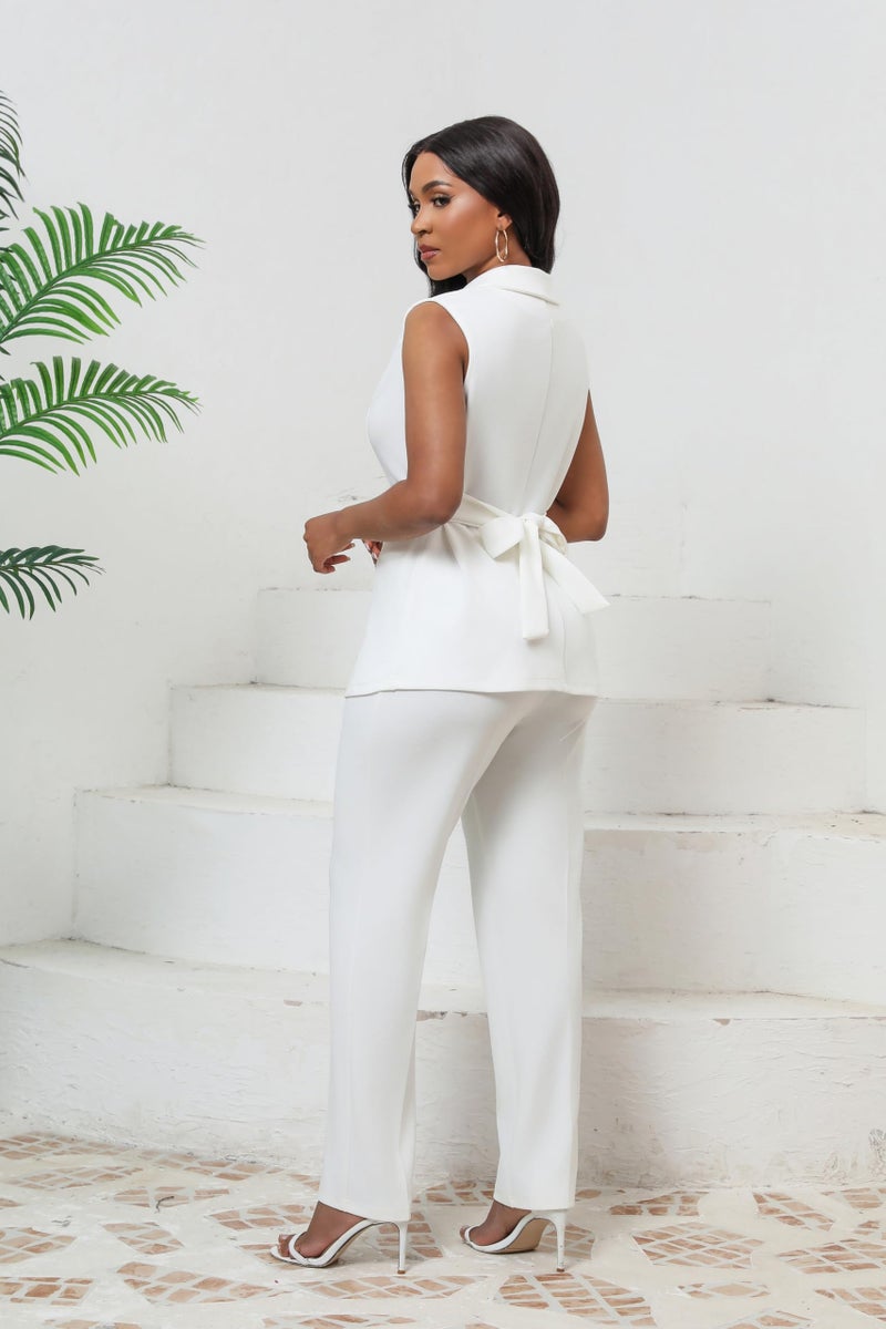 Kafiloe Pant Suits for Women Dressy Belted Sleeveless Vest Blazer Sets 2 Piece Business Casual Outfit White XXL - Image 4