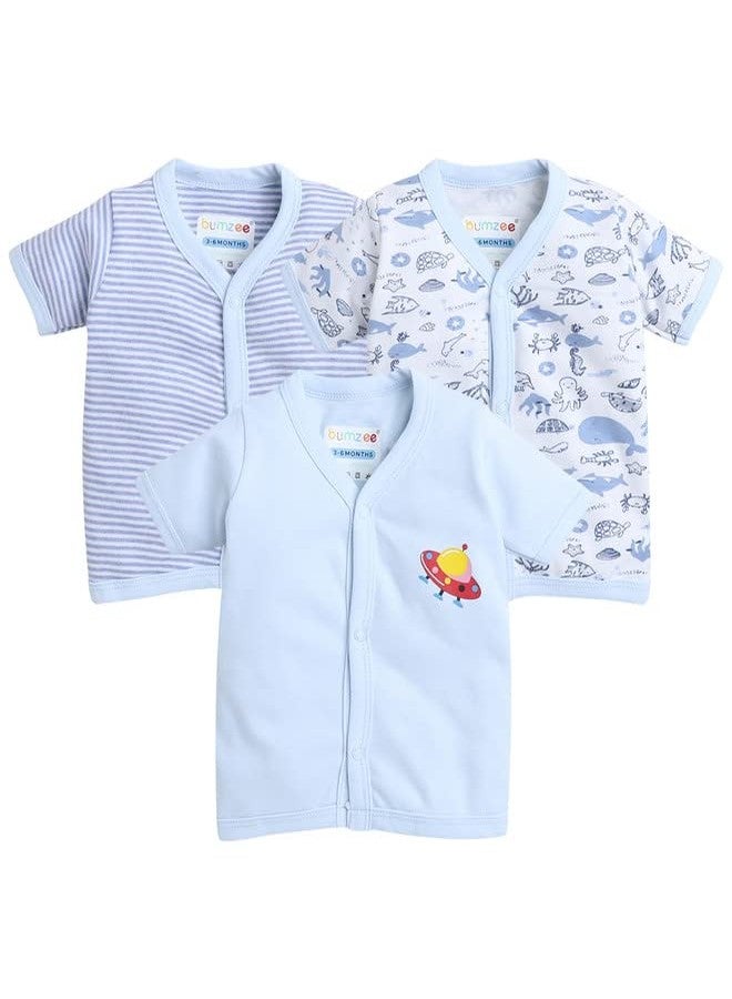 BUMZEE بامزي - أزرق وأبيض - قمصان بناتي بأكمام نصفية وقصة عادية - عبوة من 3 قطع - العمر من 3 إلى 6 أشهر (Peb8214C-Blu.Wht) - Image 1