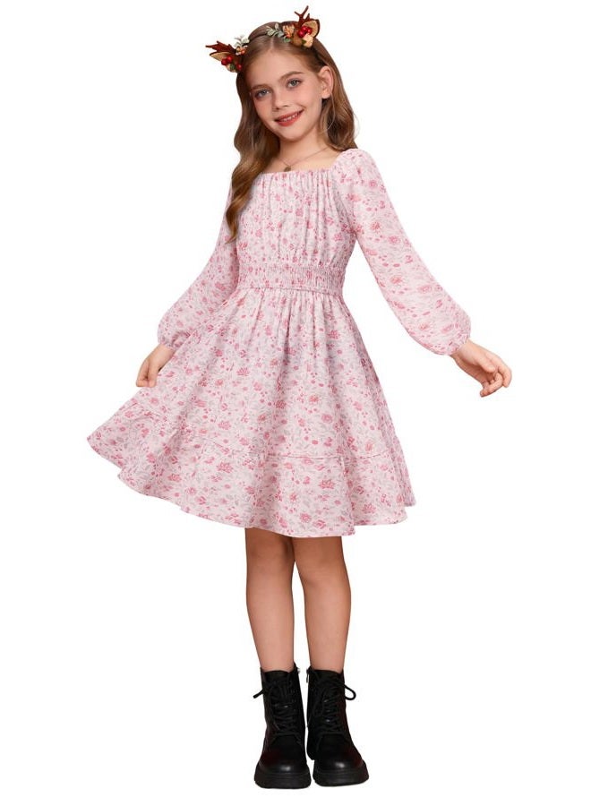 GRACE KARIN Girls Fall Dress Floral Long Sleeve Midi with Smocked Waist for Holiday Party 6-14Y, Blush Bloom, 12 Years - Image 2