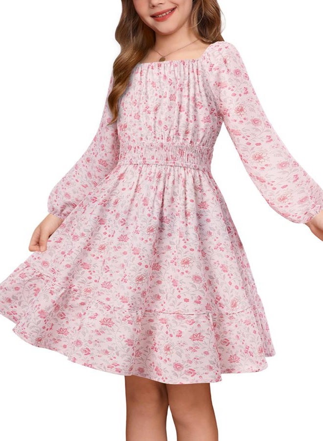 GRACE KARIN Girls Fall Dress Floral Long Sleeve Midi with Smocked Waist for Holiday Party 6-14Y, Blush Bloom, 12 Years - Image 1