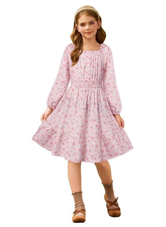 GRACE KARIN Girls Fall Dress Floral Long Sleeve Midi with Smocked Waist for Holiday Party 6-14Y, Blush Bloom, 12 Years - Image 3