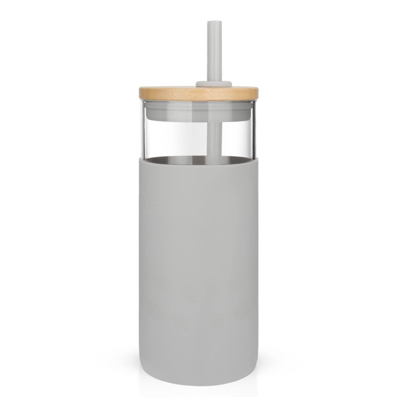 Tronco 20oz Glass Tumbler Glass Water Bottle Straw Silicone Protective Sleeve Bamboo Lid  BPA Free French Grey 1 Pack