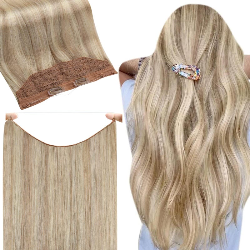 Fshine Invisible Wire Hair Extensions Blonde Wire Human Hair Fish Line Layered Extensions Headband Human Hair Ash Blonde Highlighted Bleach Blonde Soft Clip in One Piece Hair Extension 14 Inch 70G - Image 1