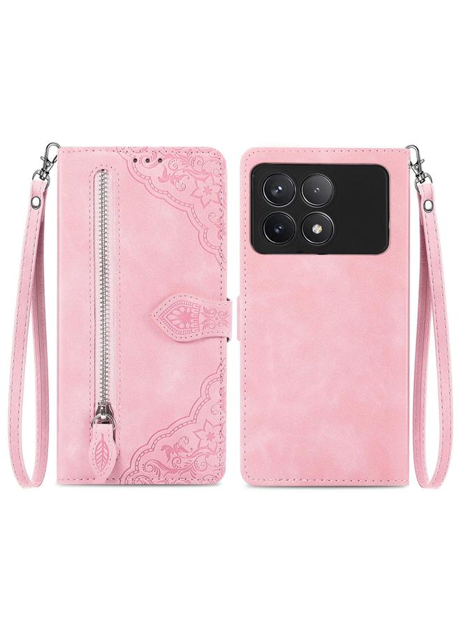 The Bros Case For Xiaomi Redmi K70 Embossed Flower Zipper Leather Phone Case