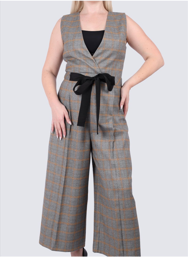 VERO MODA - Women's Checked Empire Waistline Catsuit in Granit Mel - Image 1