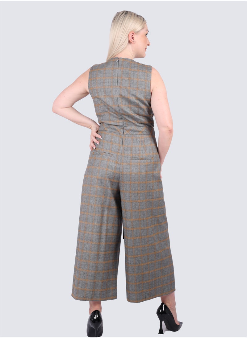 VERO MODA - Women's Checked Empire Waistline Catsuit in Granit Mel - Image 1
