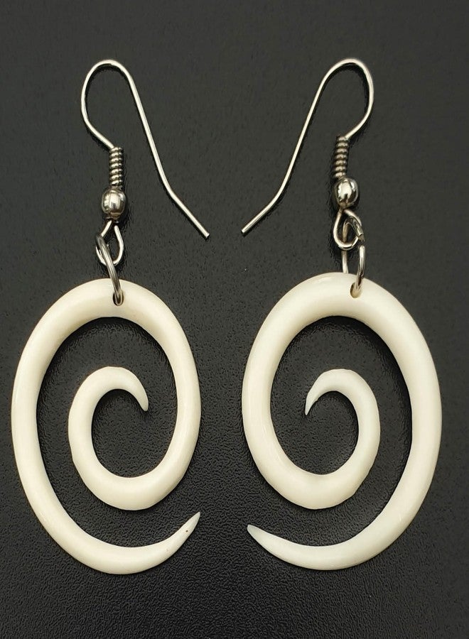Swimmi Hand Carved Spiral Bone Earrings, Māori Open Koru Peace Pendant Tribal Bone Carving Earrings Fashion Jewelry GA026 - Image 2