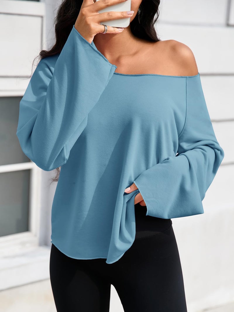 Fisoew Womens Off The Shoulder Tops Sweatshirts Lightweight Oversized Pullovers Long Sleeve Y2k Loose Fit Tunic Tops Blue - Image 3