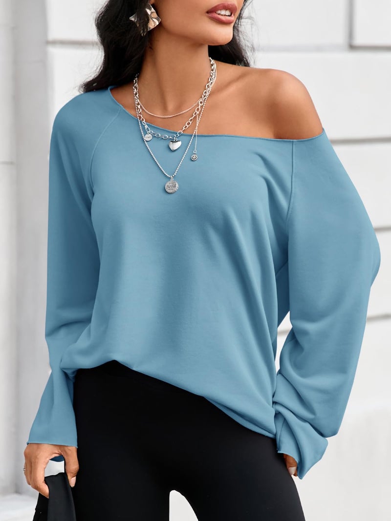 Fisoew Womens Off The Shoulder Tops Sweatshirts Lightweight Oversized Pullovers Long Sleeve Y2k Loose Fit Tunic Tops Blue - Image 2
