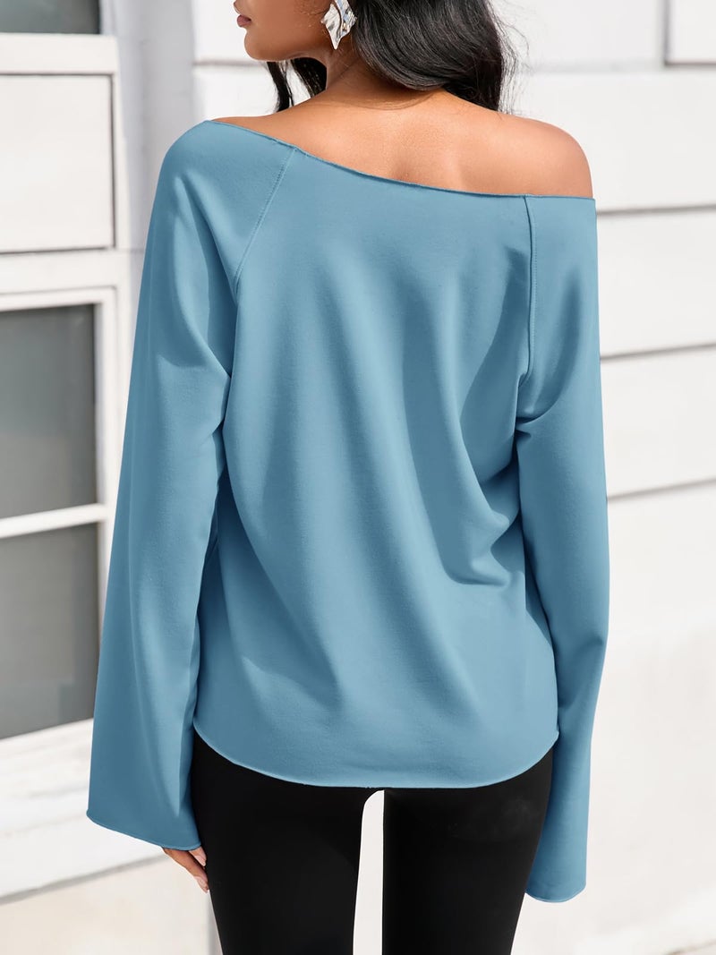 Fisoew Womens Off The Shoulder Tops Sweatshirts Lightweight Oversized Pullovers Long Sleeve Y2k Loose Fit Tunic Tops Blue - Image 5
