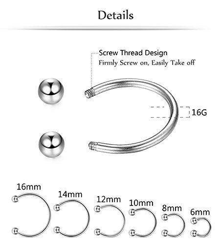 ORAZIO 12Pcs 14-16G Stainless Steel Nose Rings Septum Piercing Cartilage Horseshoe Earring Body Piercing 6MM-16MM Black And Silver Tone - Image 4