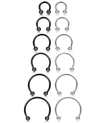 ORAZIO 12Pcs 14-16G Stainless Steel Nose Rings Septum Piercing Cartilage Horseshoe Earring Body Piercing 6MM-16MM Black And Silver Tone - Image 1