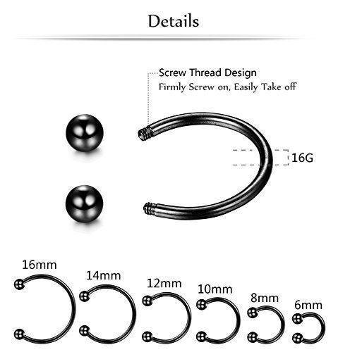 ORAZIO 12Pcs 14-16G Stainless Steel Nose Rings Septum Piercing Cartilage Horseshoe Earring Body Piercing 6MM-16MM Black And Silver Tone - Image 5