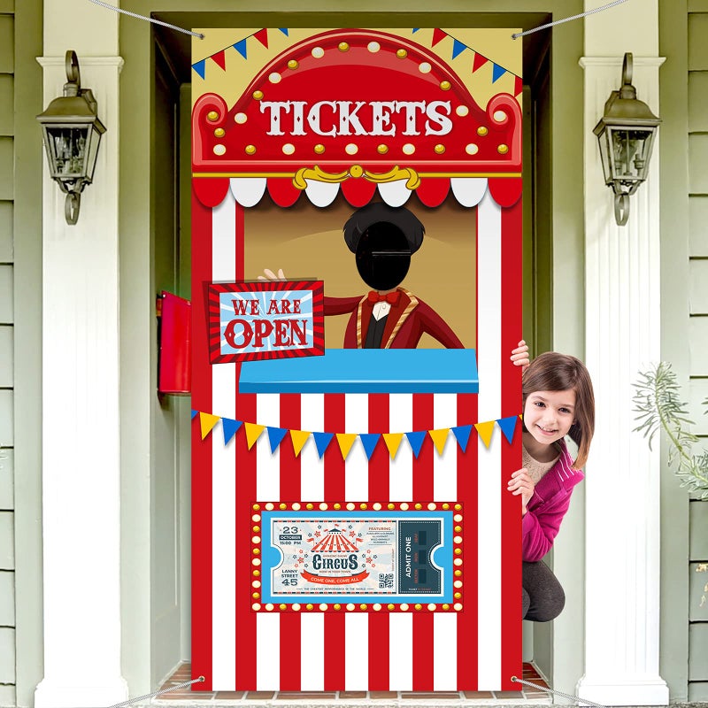 Tatuo Carnival Circus Theme Party Decorations, Halloween Carnival Photo Door Banner Ticket Booth Backdrop Props, Large Photo Door Banner Door Hanging for Halloween Decorations Carnival Game Supplies - Image 1