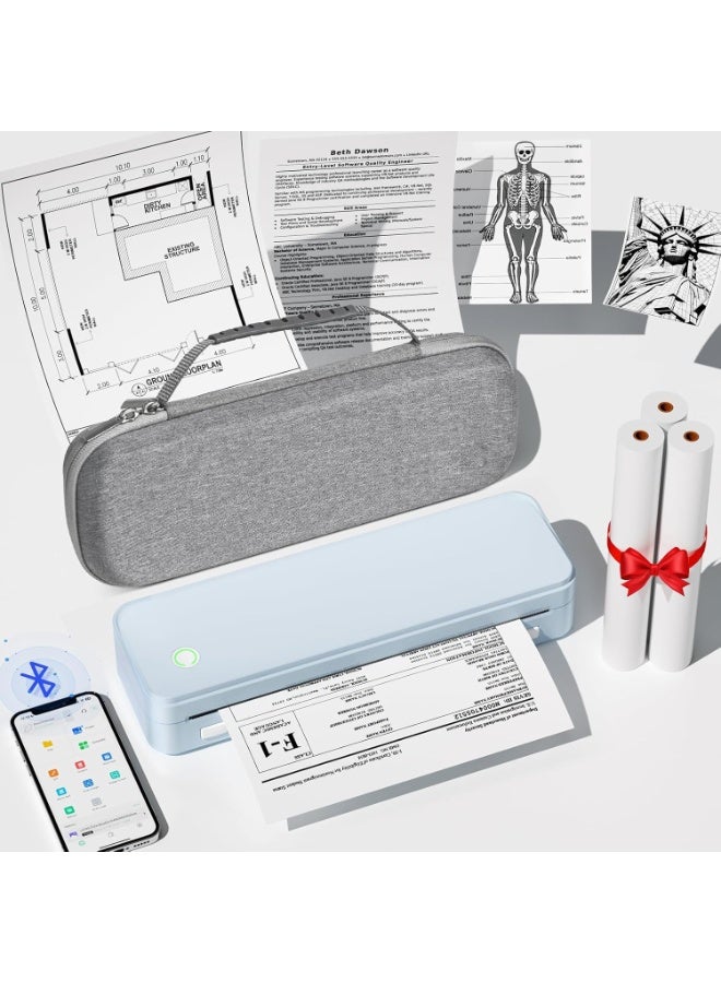 طابعة حرارية محمولة بدون حبر للسفر، تدعم مقاس خطاب أمريكي 8.5 بوصة × 11 بوصة، تتضمن آلة بلوتوث حقيبة حمل ومجموعة 3 لفات من الورق الحراري، باللون الأزرق - Image 1