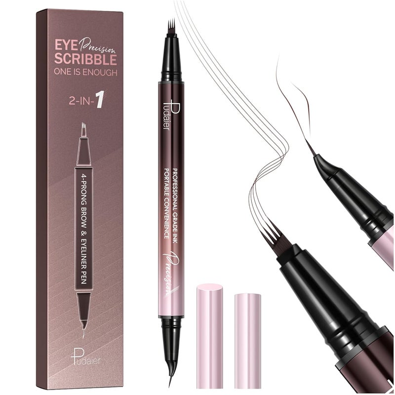 pudaier Curved Eyebrow Pen, 2 in 1 Dual Ended Microblading Eyebrow Pencil, Waterproof and Last All Day 4 Tip Brow Pencil with Precise Tip, Create Natural Hair Like Brows and Eyeliner (Cool Brown)