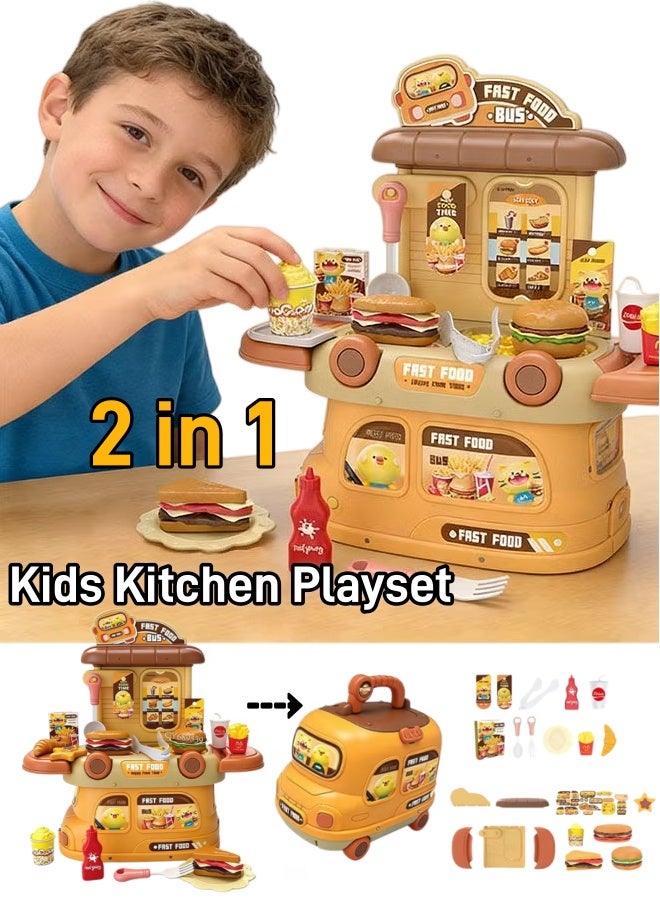 Aimayapet Pretend Playset Food Toy for Kids, Food Toy set,2-in-1 Bus Kitchen Playset,Pretend Cooking Play Cart,Play House Kitchen Set,Play Food Set, Fun Pretend Role Play Toy, Learning Educational Toys Boys Girls Gift - Image 1