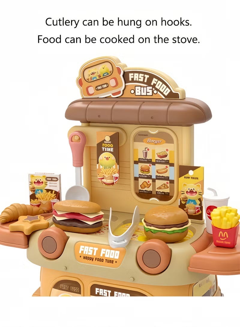 Aimayapet Pretend Playset Food Toy for Kids, Food Toy set,2-in-1 Bus Kitchen Playset,Pretend Cooking Play Cart,Play House Kitchen Set,Play Food Set, Fun Pretend Role Play Toy, Learning Educational Toys Boys Girls Gift - Image 5