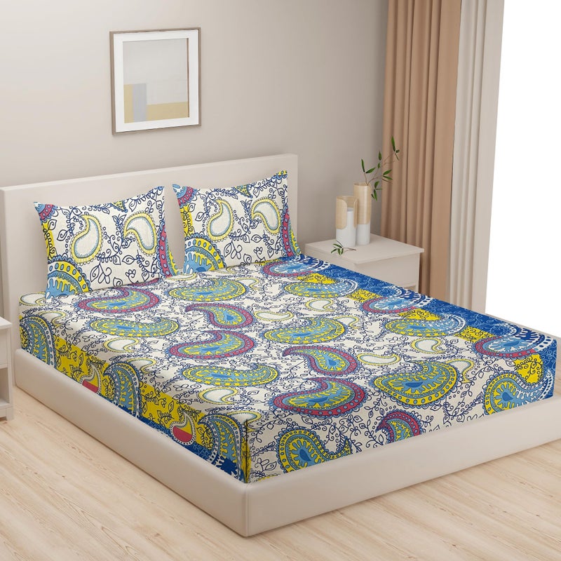 Swayam Monalisa Collection Basic Comfort 100% Cotton 120TC Ethnic Motif Print Double Bedsheet with 2 Pillow Covers - White/Neutral - Image 2