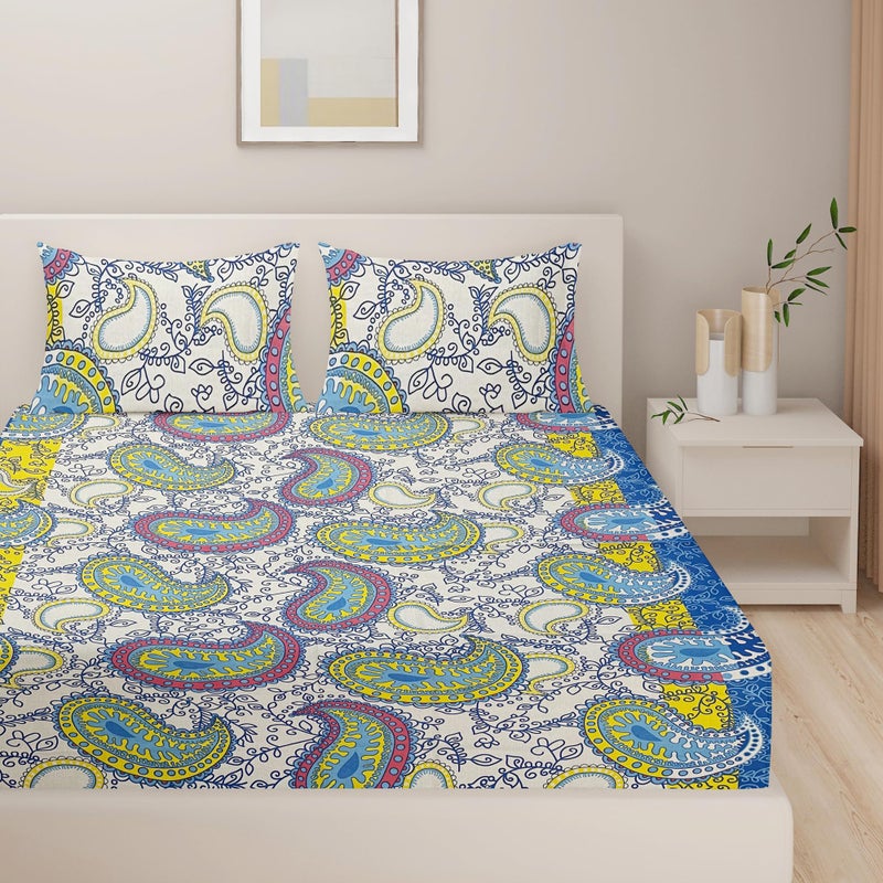 Swayam Monalisa Collection Basic Comfort 100% Cotton 120TC Ethnic Motif Print Double Bedsheet with 2 Pillow Covers - White/Neutral - Image 3