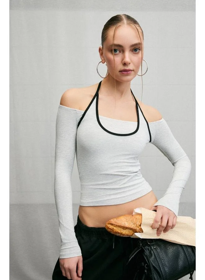 Grimelange YEPROS Women's Soft-Fabric Contrast-Belt Neck-Tie Open-Shoulder Gradient Blouse.