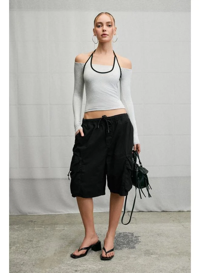 Grimelange YEPROS Women's Soft-Fabric Contrast-Belt Neck-Tie Open-Shoulder Gradient Blouse.