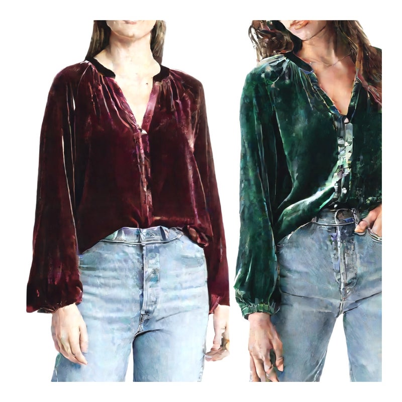 V Neck Long Sleeve Blouse Velvet Casual Office Shirt - Image 1